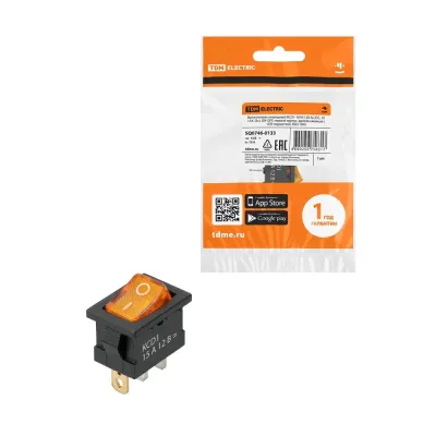 Выключатель клавишный KCD1-101N 12В AC/DC, 1P, 15А, (3с), ON-OFF, черный корпус, желтая клавиша с LED подсветкой, Mini TDM