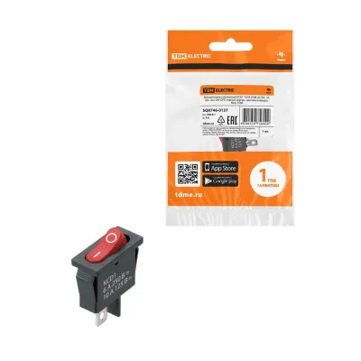 Выключатель клавишный KCD1-101B 250В AC/DC, 1P, 6А, (2с), ON-OFF, черный корпус, красная клавиша, Mini, TDM