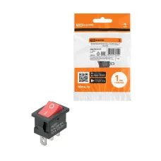 Выключатель клавишный KCD1-102 250В AC/DC, 1P, 6А, (3с), ON-ON, черный корпус, красная клавиша, Mini TDM