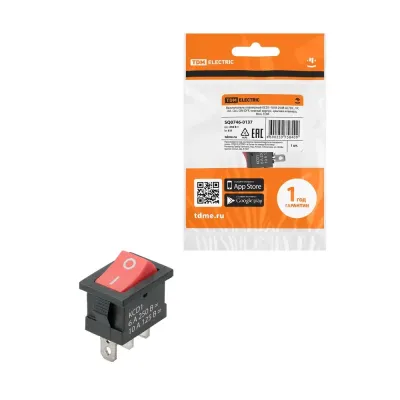 Выключатель клавишный KCD1-102 250В AC/DC, 1P, 6А, (3с), ON-ON, черный корпус, красная клавиша, Mini TDM