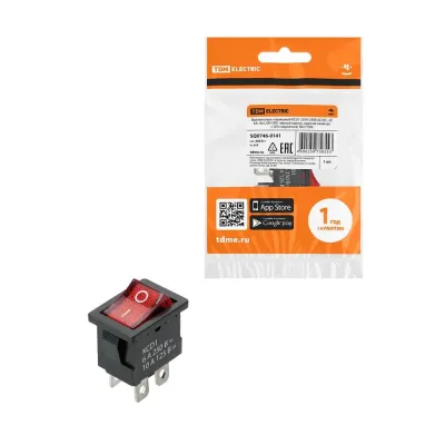 Выключатель клавишный KCD1-201N 250В AC/DC, 2P, 6А, (4с), ON-OFF, черный корпус, красная клавиша с LED подсветкой, Mini TDM