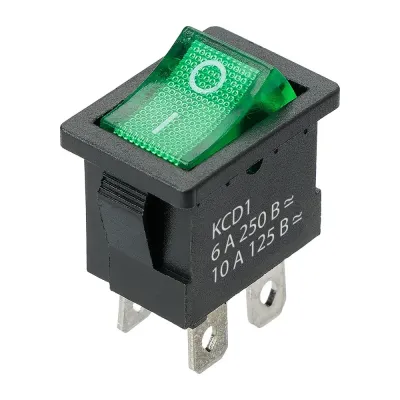 Выключатель клавишный KCD1-201N 250В AC/DC, 2P, 6А, (4с), ON-OFF, черный корпус, зеленая клавиша с LED подсветкой, Mini TDM