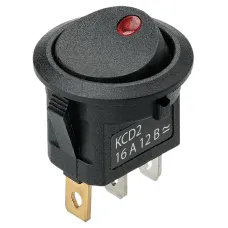 Выключатель клавишный круглый KCD2-101N-2 12В AC/DC, 1P, 16А, (3с), ON-OFF, черный с красной точечной LED подсветкой TDM