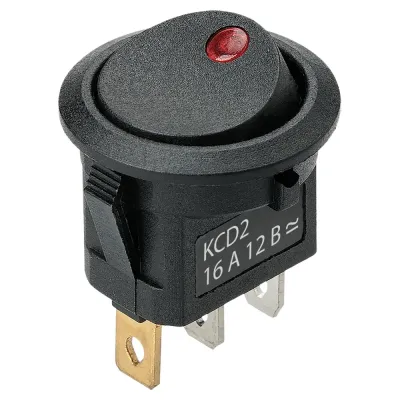 Выключатель клавишный круглый KCD2-101N-2 12В AC/DC, 1P, 16А, (3с), ON-OFF, черный с красной точечной LED подсветкой TDM