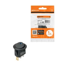 Выключатель клавишный круглый KCD2-101N-2 12В AC/DC, 1P, 16А, (3с), ON-OFF, черный с синей точечной LED подсветкой TDM