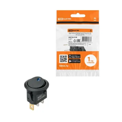 Выключатель клавишный круглый KCD2-101N-2 12В AC/DC, 1P, 16А, (3с), ON-OFF, черный с синей точечной LED подсветкой TDM
