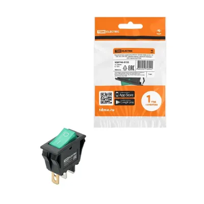 Выключатель клавишный KCD3-101N/B 250В AC/DC, 1P, 15А, (3с), ON-OFF, черный корпус, зеленая клавиша с LED подсветкой TDM