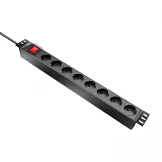 Блок розеток 19`` 1U, алюминий, 1ф 10A, 2.3 кВт, (8) Schuko CEE 7/7, выкл. с подсв.и крыш., вх. 60320 С14