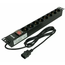 Блок розеток 1U, алюминий, 1ф10A, 2.3кВт, (8) Schuko, выключатель с подсветкой, 2м кабель, вход С14