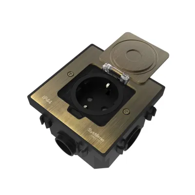 Лючок MultiDeS с розеткой 2К+З 16А/250В IP44 с монтажной коробкой для бетонных полов Античная латунь тип MDK21