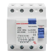 Устройство защитного отключения УЗО-VDN-4P-32A-30мА-ТипAC 4P/32A/AC/230VAC/30мА/6кА