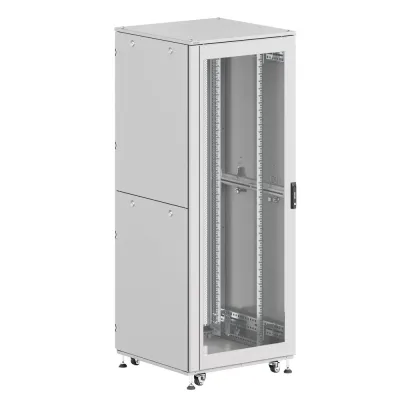 Шкаф напольный разобранный 19'' IT-CQE-N 42U 800x800 мм, крыша с вырубкой, дверь перф. и двойная перф., двойные боковые панели, серый RAL7035