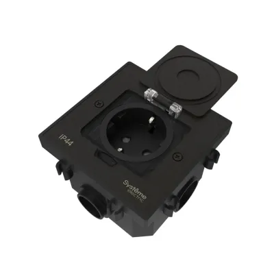 Лючок MultiDeS с розеткой 2К+З 16А/250В IP44 с монтажной коробкой для бетонных полов Чёрный матовый тип MDK21