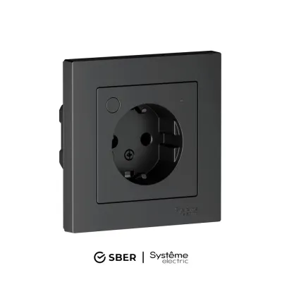 ATLASDESIGN SMART РОЗЕТКА с заземл., со шт., Zigbee, L+N, 16А, мех., КАРБОН