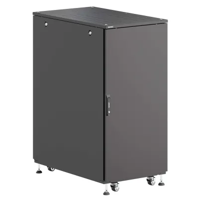 Шкаф напольный разобранный 19'' IT-CQE-N 24U 600x600 мм, крыша с вырубкой, сплошная металл и сплошная металл, одинарные боковые панели, черный RAL9005