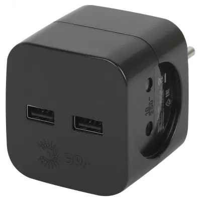 Разветвитель электрический ЭРА SP-2-USB-B на 2 розетки + 2xUSB 2400mA, без заземл 10А (черный)