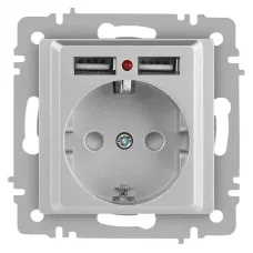 Розетка Intro Accent 6-410-03 , P+E Schuko со шторками, 16А-250В + 2хUSB, IP20, СУ, алюминий