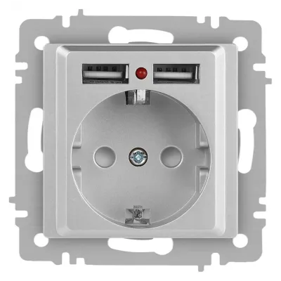 Розетка Intro Accent 6-410-03 , P+E Schuko со шторками, 16А-250В + 2хUSB, IP20, СУ, алюминий