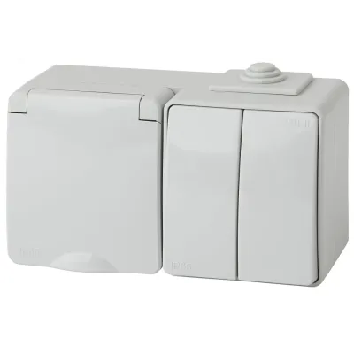 11-7602-03 ЭРА Блок розетка+выкл. двойн. гориз. IP65, 16A(10AX)-250В, ОУ, Эра Эксперт, серый (5/50/8