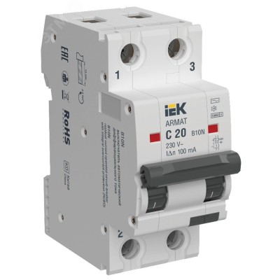 Выключатель автоматический дифференциального тока B10N 2P C20 100мА тип AC
