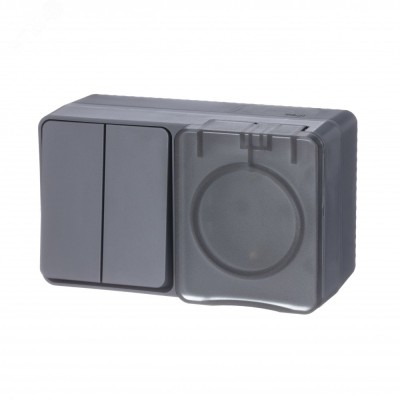 AtlasDesign Profi54 БЛОК: розетка с  заземлением со шторками 16А 250B, выключатель двухклавишный IP54 10А, АНТРАЦИТ, Россия