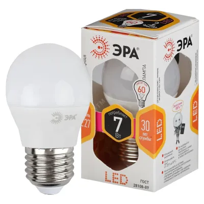 Лампочка светодиодная ЭРА STD LED P45-7W-827-E27 E27 / Е27 7Вт шар теплый белый свет