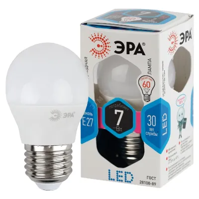 Лампочка светодиодная ЭРА STD LED P45-7W-840-E27 E27 / Е27 7Вт шар нейтральный белый свет