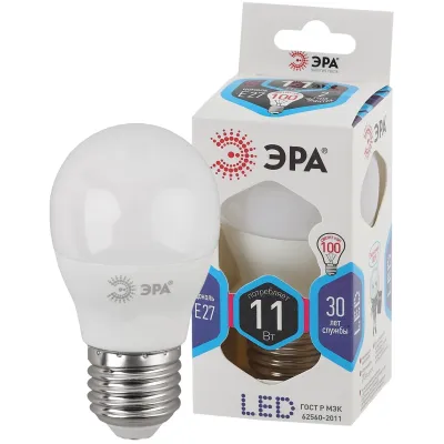 Лампочка светодиодная ЭРА STD LED P45-11W-840-E27 E27 / Е27 11Вт шар нейтральный белый свет