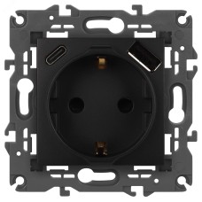 Розетка ЭРА Elegance 14-4108-05 2P+E 16A-250В со шторками с USB type-A+C 5В-3А антрацит