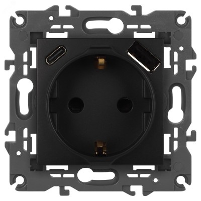 Розетка ЭРА Elegance 14-4108-05 2P+E 16A-250В со шторками с USB type-A+C 5В-3А антрацит