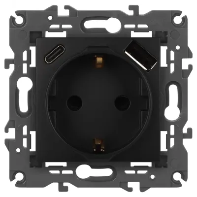 Розетка ЭРА Elegance 14-4108-05 2P+E 16A-250В со шторками с USB type-A+C 5В-3А антрацит