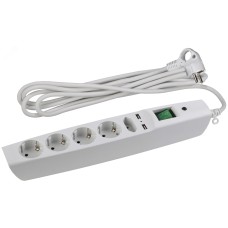 Сетевой фильтр ЭРА  SFU-5es-2m-W с надежной защитой с заземлением с выключателем 5 розеток 2xUSB 2м 10А белый