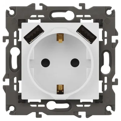 Розетка ЭРА Elegance 14-4109-01М 2P+E 16A-250В, штор. с 2xUSB 5В-3А, белый матовый