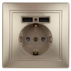 Розетка Intro Plano 1-410-04 с заземлением 2P+E Schuko со шторками, 16А-250В + 2хUSB 5В-2,1А, IP20, СУ, шампань