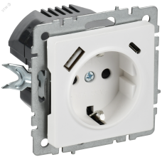 BRITE Розетка 1-местная с заземлением с защитными шторками 16А с USB A+C 18Вт РЮш11-1-БрАБ арктический белый IEK
