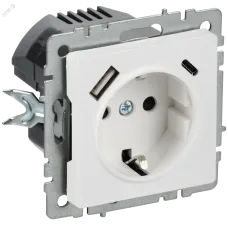BRITE Розетка 1-местная с заземлением с защитными шторками 16А с USB A+C 18Вт РЮш11-1-БрАБ арктический белый IEK