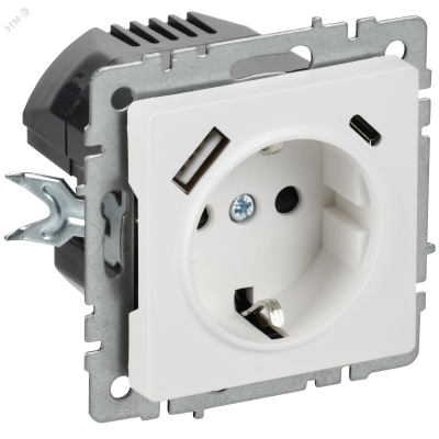BRITE Розетка 1-местная с заземлением с защитными шторками 16А с USB A+C 18Вт РЮш11-1-БрАБ арктический белый IEK