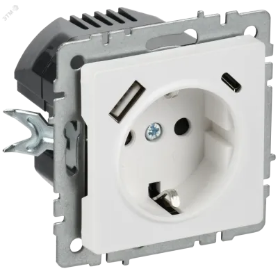 BRITE Розетка 1-местная с заземлением с защитными шторками 16А с USB A+C 18Вт РЮш11-1-БрАБ арктический белый IEK