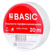 Изолента, класс А (профессиональная), 0.18х19мм, 20 метров, белая EKF Simple