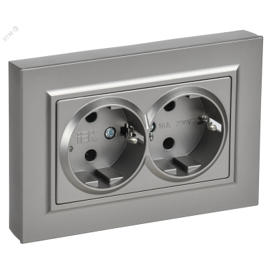 BRITE Розетка 2-местная с заземлением без защитных шторок плоская 16А в сборе РСПл12-3-БрС сталь IEK