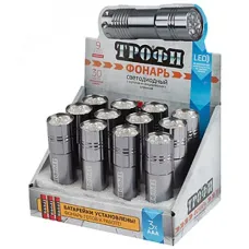 Светодиодный фонарь Трофи TM9-box12 ручной на батарейках промо-бокс 12шт алюминиевый