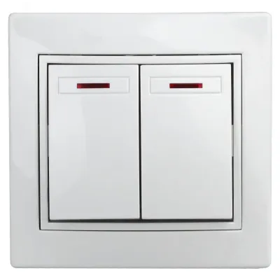 1Э-105-01 Intro Выключатель двойной с подсветкой, 10А-250В, СУ, б.л., Plano, белый (10/200/2400)
