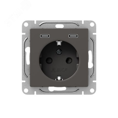 Механизм розетки с USB-C - 2шт  16А  с заземлением  со шторками  мокко Эпика EKF