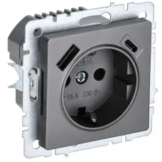 BRITE Розетка с заземлением с защитными шторками 16А с USB A+C 18Вт РЮш11-1-БрС сталь