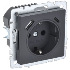 BRITE Розетка с заземлением с защитными шторками 16А с USB A+C 18Вт РЮш11-1-БрГ графит