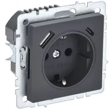 BRITE Розетка с заземлением с защитными шторками 16А с USB A+C 18Вт РЮш11-1-БрГ графит