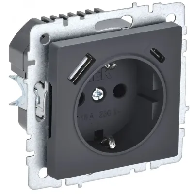 BRITE Розетка с заземлением с защитными шторками 16А с USB A+C 18Вт РЮш11-1-БрГ графит