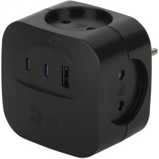 Разветвитель электрический 10А 4 розетки + 3 USB A+C со шторками черный SP-4-3USBAC-B