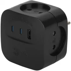 Разветвитель электрический 10А 4 розетки + 3 USB A+C со шторками черный SP-4-3USBAC-B