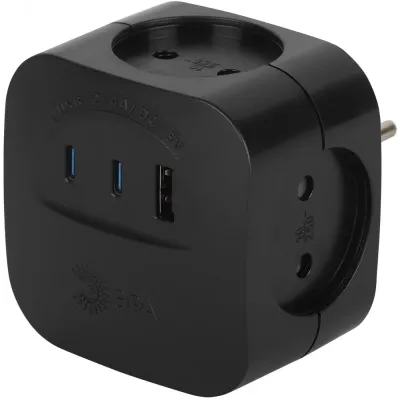 Разветвитель электрический 10А 4 розетки + 3 USB A+C со шторками черный SP-4-3USBAC-B